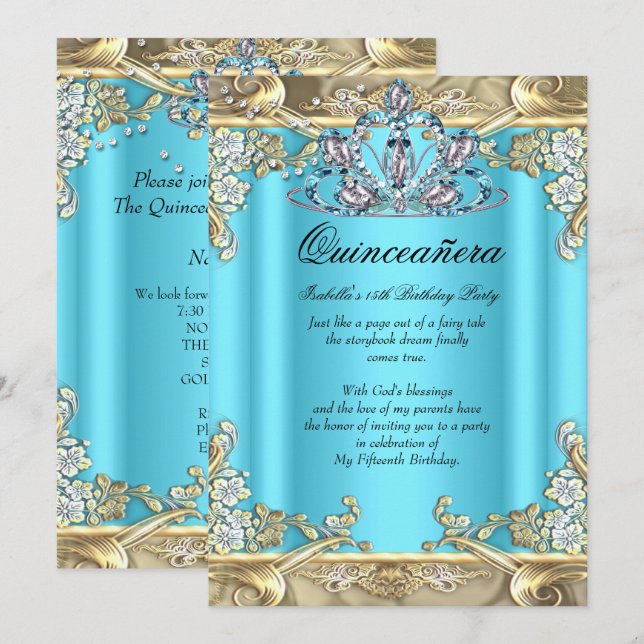 Invitation Quinceanera Blue Aqua Gold Turquoise 15e anniversa (Devant / Derrière)