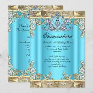 Invitation Quinceanera Blue Aqua Gold Turquoise 15e anniversa