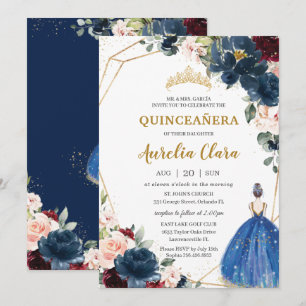 Invitation Quinceañera Blue Bourgogne Blush Floral Princess I