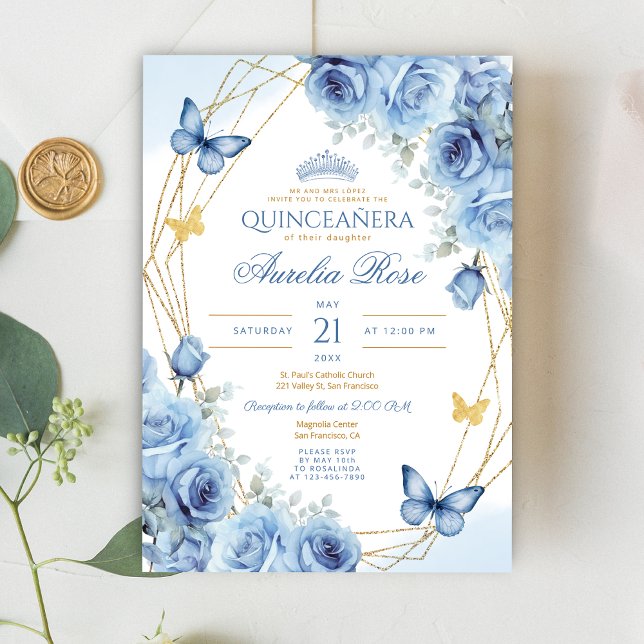 Invitation Quinceañera Blue Floral Gold Frame Papillon Couron (Créateur téléchargé)