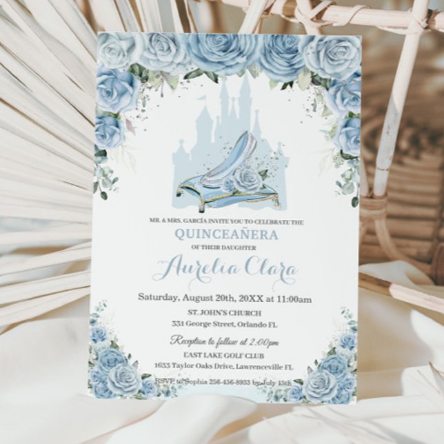 Invitation Quinceañera Blue Floral Princess Castle Chaussure  (Créateur téléchargé)
