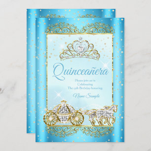 Invitation Quinceanera Blue Gold conte de fées Cendrillon