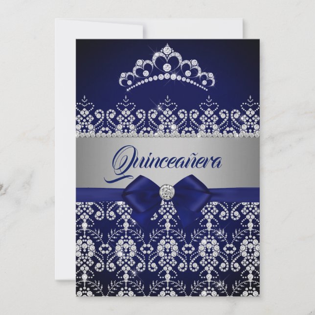 Invitation Quinceanera Blue Navy étincelle Diamond Tiara Bow (Devant)