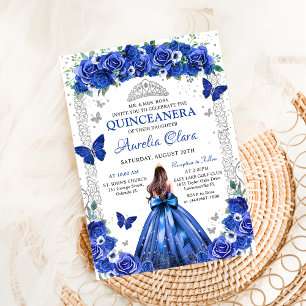 Invitation Quinceañera Blue Roses Floral Princess Papillons