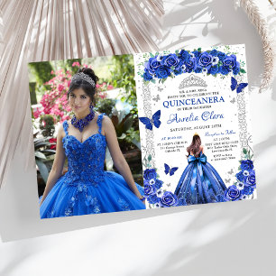 Invitation Quinceañera Blue Roses Floral Princesse Photo