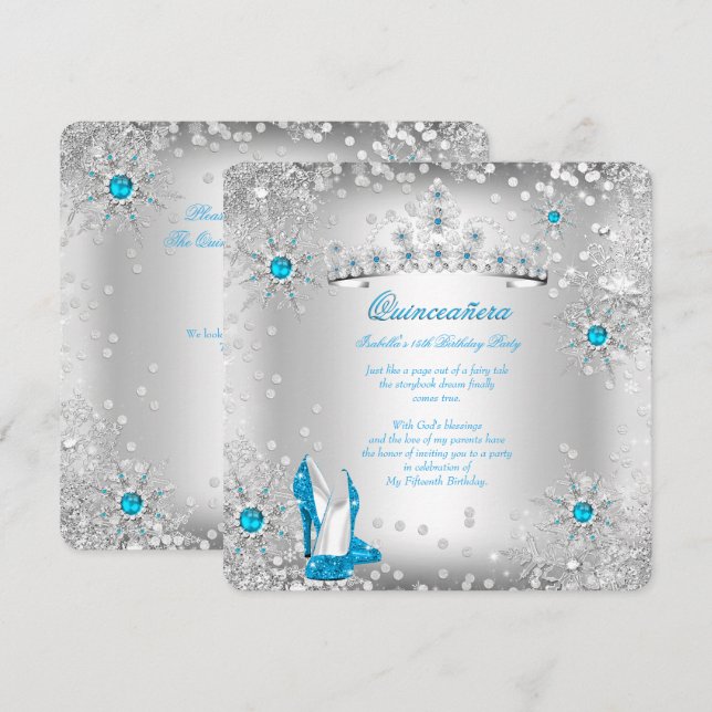 Invitation Quinceanera Blue Silver Winter Wonderland (Devant / Derrière)