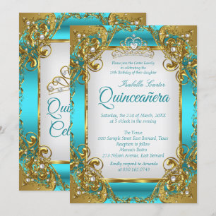 Invitation Quinceanera Blue Turquoise Golden Pearl Tiara Part