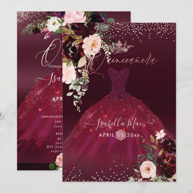 Invitation Quinceanera Blush Bourgogne Aquarelle Fleurs (Devant / Derrière)