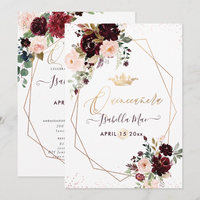 Invitation Quinceanera Blush Bourgogne Aquarelle Fleurs (Devant / Derrière)