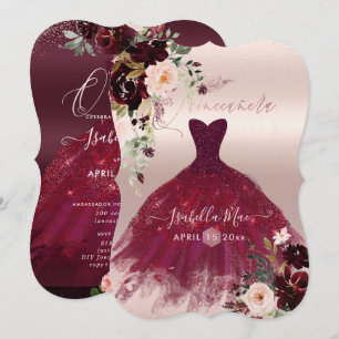 Invitation Quinceanera Blush Bourgogne Aquarelle Fleurs