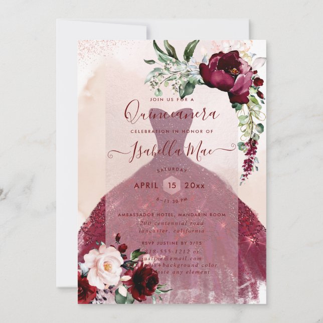 Invitation Quinceanera Blush Bourgogne Aquarelle Fleurs (Dos)
