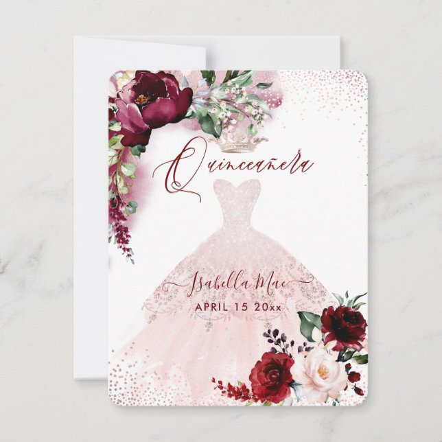 Invitation Quinceanera Blush Bourgogne Aquarelle Fleurs Invi (Devant)