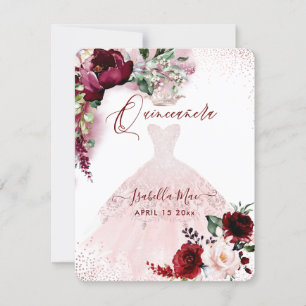 Invitation Quinceanera Blush Bourgogne Aquarelle Fleurs Invi