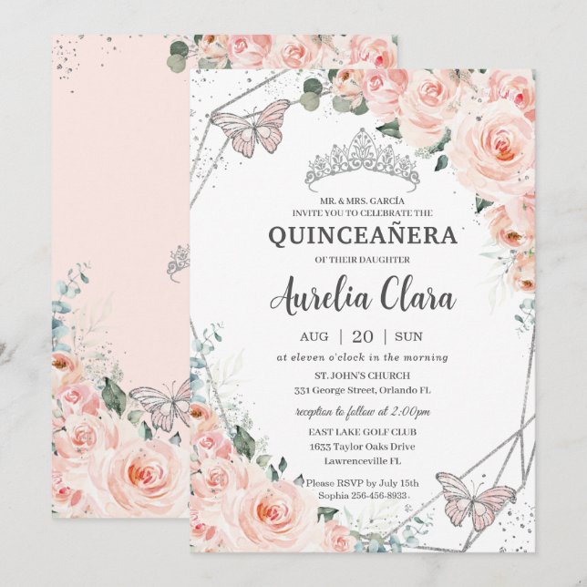 Invitation Quinceañera Blush Floral Butterflies Argent Couron (Devant / Derrière)