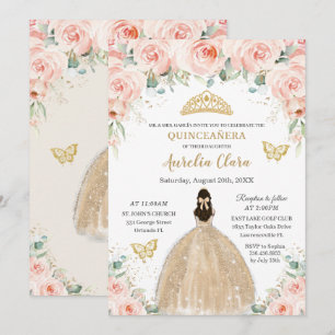 Invitation Quinceañera Blush Floral Champagne Robe Princesse