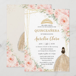 Invitation Quinceañera Blush Floral Champagne Robe Princesse