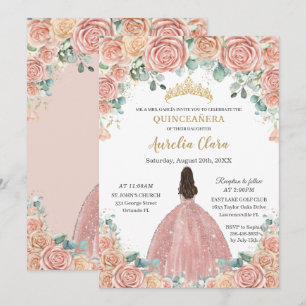 Invitation Quinceañera Blush Floral Rose Gold robe Princesse
