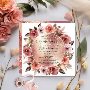 Invitation Quinceanera Blush Floral Rose Parties scintillant
