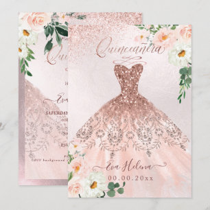 Invitation Quinceañera, Blush Floral Sparkle Gown Rose Gold