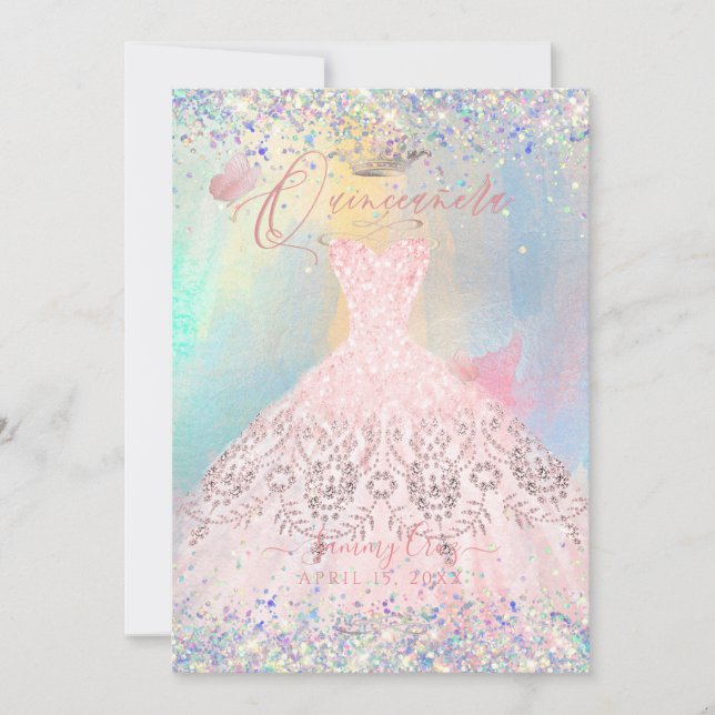 Invitation Quinceanera Blush Pink Gown Parties scintillant ho (Devant)