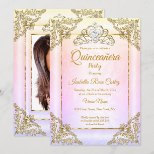 Invitation Quinceanera Blush Pink Purple photo Gold Tiara
