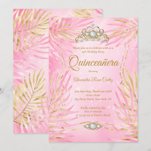 Invitation Quinceanera Blush Pink Tiara Palms Anniversaire