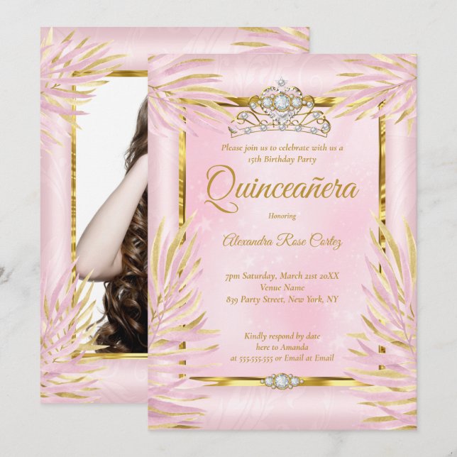 Invitation Quinceanera Blush Pink Tiara Photo Anniversaire (Devant / Derrière)