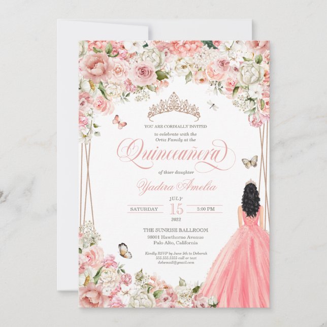 Invitation Quinceanera Blush Rose Blanc Floral & Papillon (Devant)