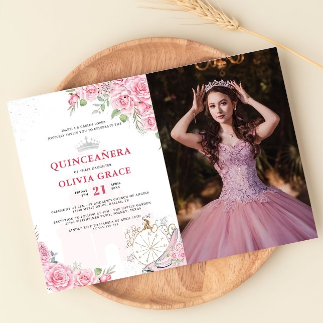 Invitation Quinceanera Blush rose Floral Argent photo de la C (Créateur téléchargé)