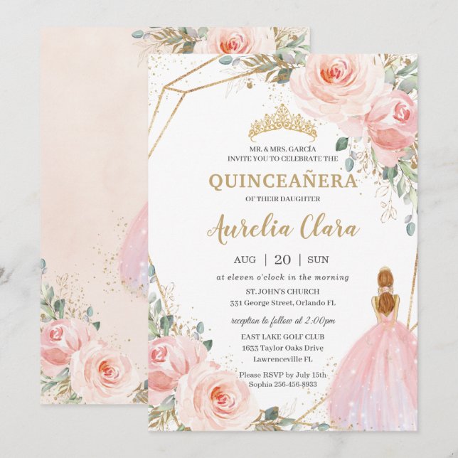 Invitation Quinceañera Blush Rose Floral Mis Quince Anos (Devant / Derrière)