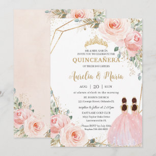 Invitation Quinceañera Blush Rose Floral Mis Quince XV Twins