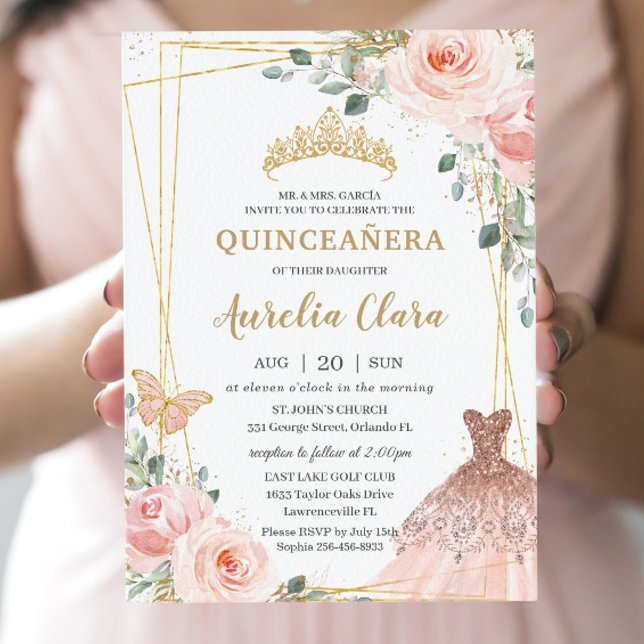 Invitation Quinceañera Blush rose Floral Princesse Gown Tiara (Créateur téléchargé)