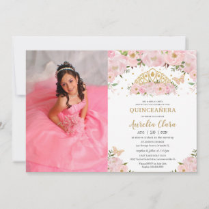 Invitation Quinceañera Blush rose Floral Princesse Photo de l
