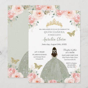 Invitation Quinceañera Blush Rose Floral Sage Green Princesse