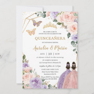 Invitation Quinceañera Blush Rose Lilac Violet Floral Twins
