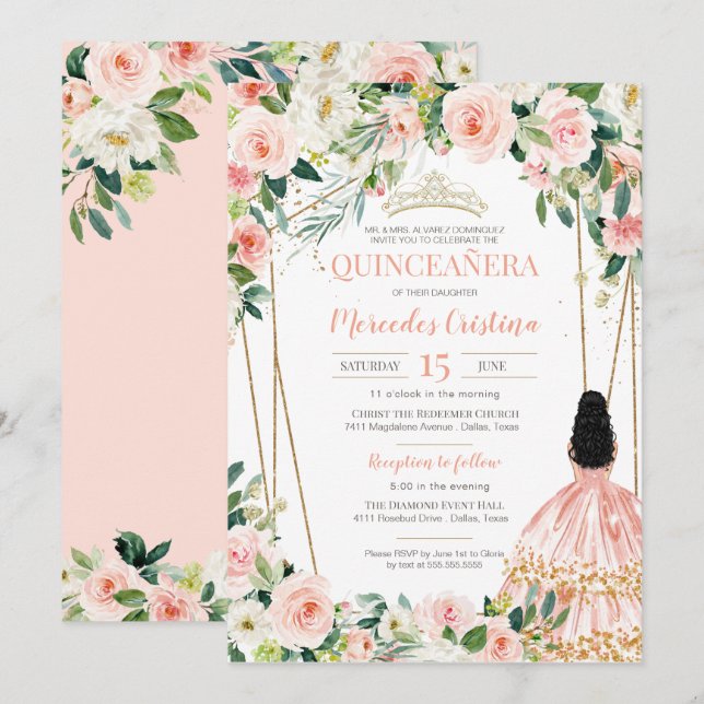 Invitation Quinceanera Blush Rose Or, fille en Gown dans (Devant / Derrière)