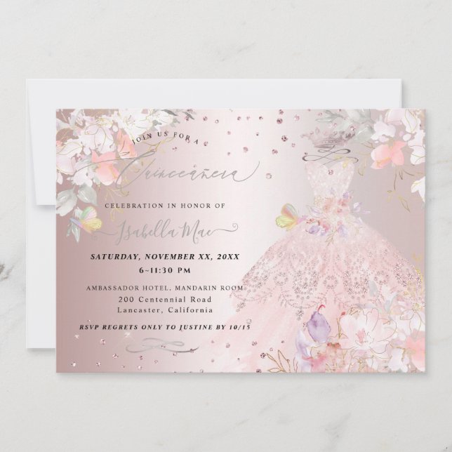 Invitation Quinceanera Blush Rose Parties scintillant Gown Po (Devant)