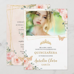 Invitation Quinceañera Blush Rose Rose Floral Butterfly Photo