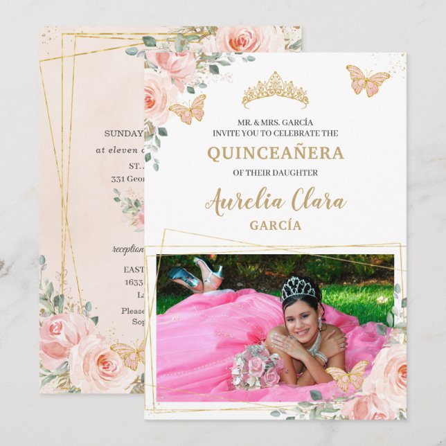 Invitation Quinceañera Blush Rose Rose Floral Butterfly Photo (Devant / Derrière)