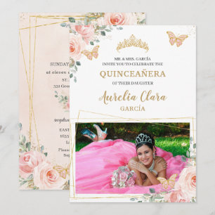 Invitation Quinceañera Blush Rose Rose Floral Butterfly Photo
