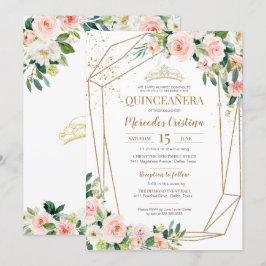 Invitation Quinceanera Blush Roses rose et Gold Pearl Tiara