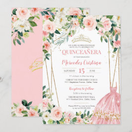 Invitation Quinceanera Blush Roses rose et Gold Pearl Tiara