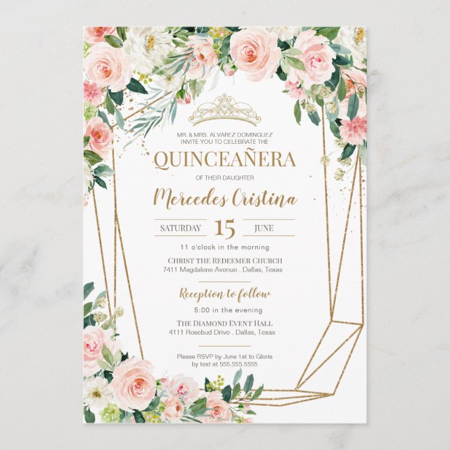 Invitation Quinceanera Blush Roses rose et Gold Pearl Tiara (Devant)