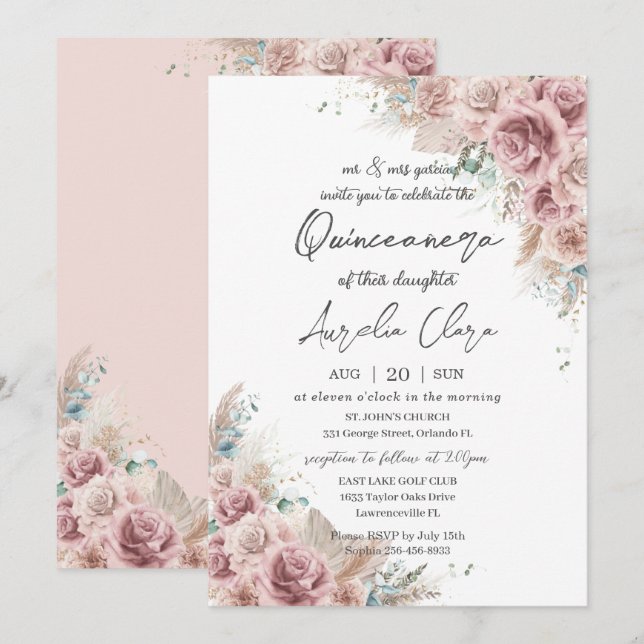 Invitation Quinceañera Boho Blush Dusty Rose Floral Pampas (Devant / Derrière)