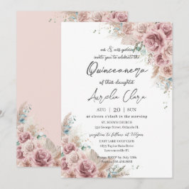 Invitation Quinceañera Boho Blush Dusty Rose Floral Pampas