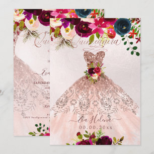 Invitation Quinceañera, Boho Floral Sparkle Gown Rose Gold