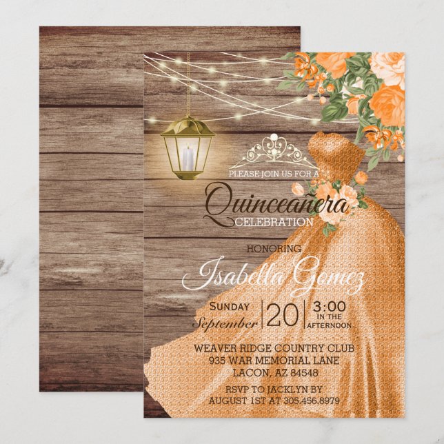 Invitation Quinceañera Bois et fleurs orange (Devant / Derrière)