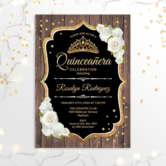 Invitation Quinceanera - Bois rustique Blanc Or (Créateur téléchargé)