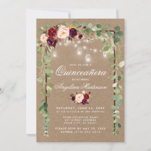 Invitation Quinceanera Botanique Floral Cadre en Bois Kraft