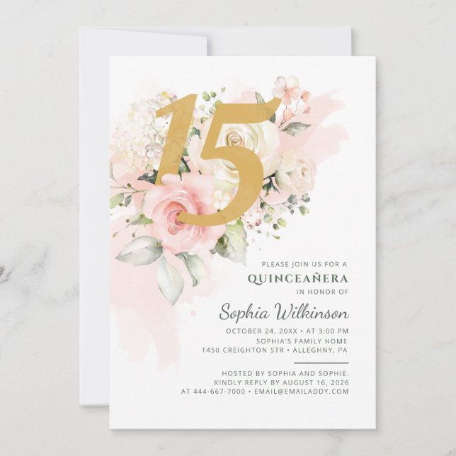 Invitation Quinceanera botanique florale 15e anniversaire (Devant)